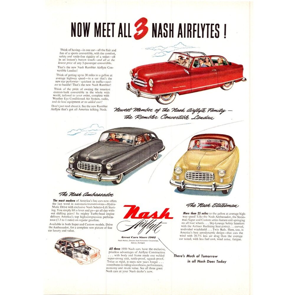 1950 Nash Ambassador Statesman Rambler Convertble Vintage Print Ad 50s Wall Art